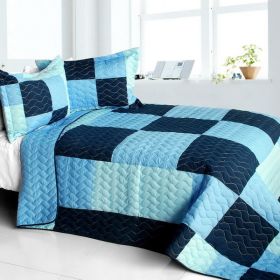 [Azurite] Vermicelli-Quilted Patchwork Plaid Quilt Set Full/Queen