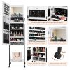 Full mirror wooden floor type, with 1 shelf, 4 wheels, white light strip, jewelry storage mirror cabinet - white