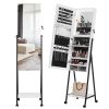 Full mirror wooden floor type, with 1 shelf, 4 wheels, white light strip, jewelry storage mirror cabinet - white