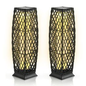 2 Pieces Solar-Powered Diamond Wicker Floor Lamps with Auto LED Light (Color: Black)