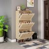 Natural Rattan 3 Door Shoe Rack, Freestanding Modern Shoe Storage Cabinet, for Entryway