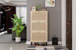 Natural Rattan 3 Door Shoe Rack, Freestanding Modern Shoe Storage Cabinet, for Entryway